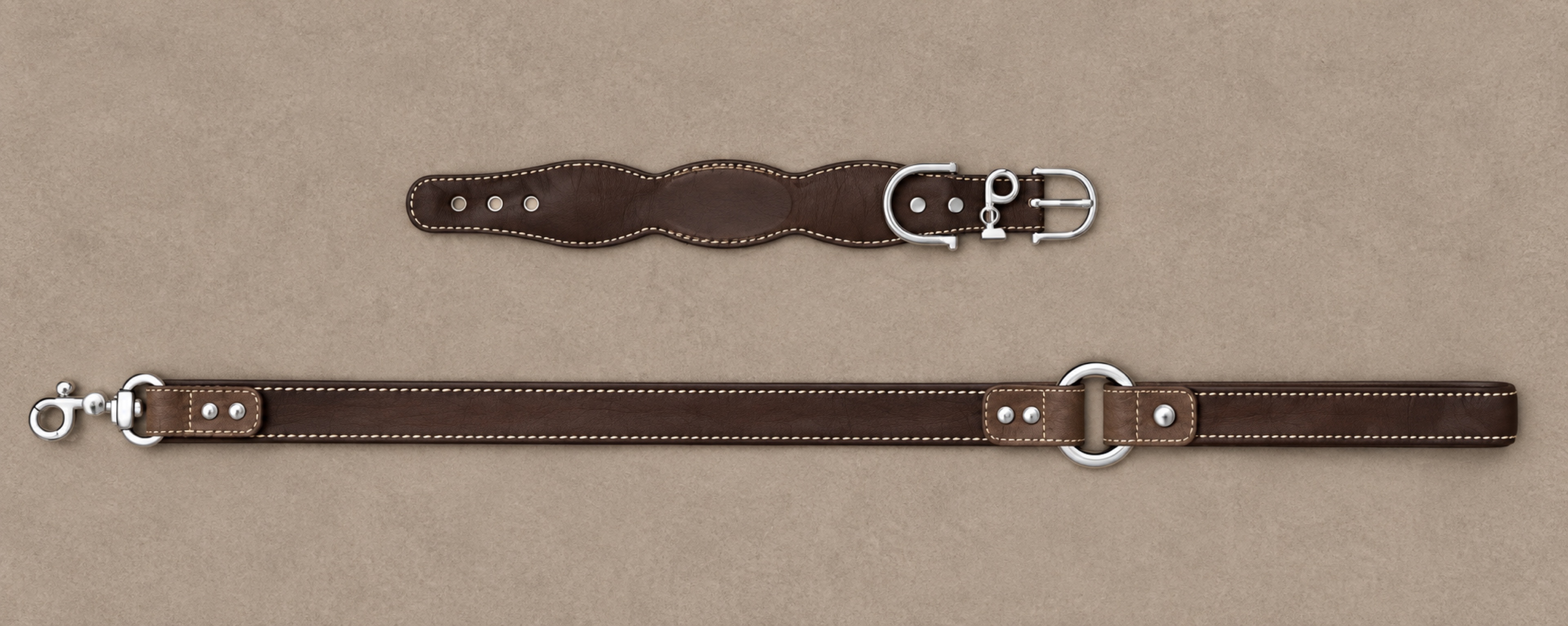 Brown Pamanida leather dog collar and matching lead with silver-tone hardware